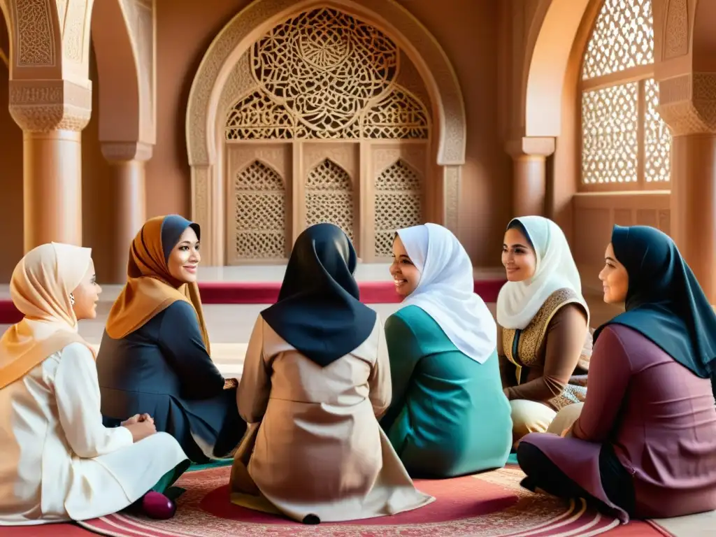 Grupo diverso de mujeres líderes musulmanas en discusión en mezquita, proyectando determinación y liderazgo religioso mujeres estructura clerical