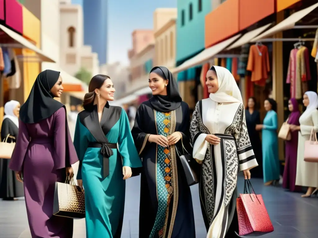 Grupo diverso de mujeres en mercado urbano con abayas de autor moda islámica, reflejando riqueza cultural y actividad económica