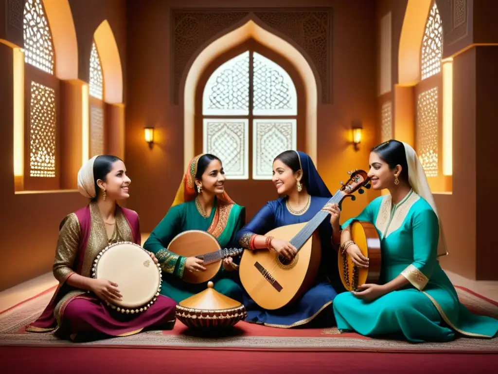 Grupo diverso de mujeres en la música islámica, tocando instrumentos en un hermoso salón decorado