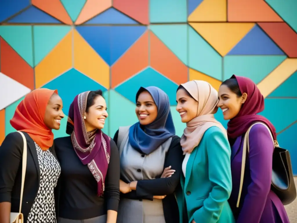 Grupo diverso de mujeres musulmanas discutiendo frente a un mural de mosaico, simbolizando el feminismo islámico desafíos actuales