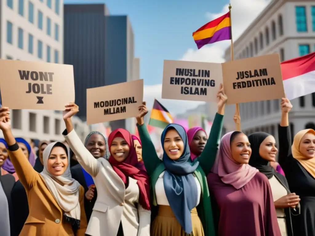 Grupo diverso de mujeres musulmanas en protesta, con pancartas sobre feminismo islámico y desafíos actuales, en una ciudad bulliciosa