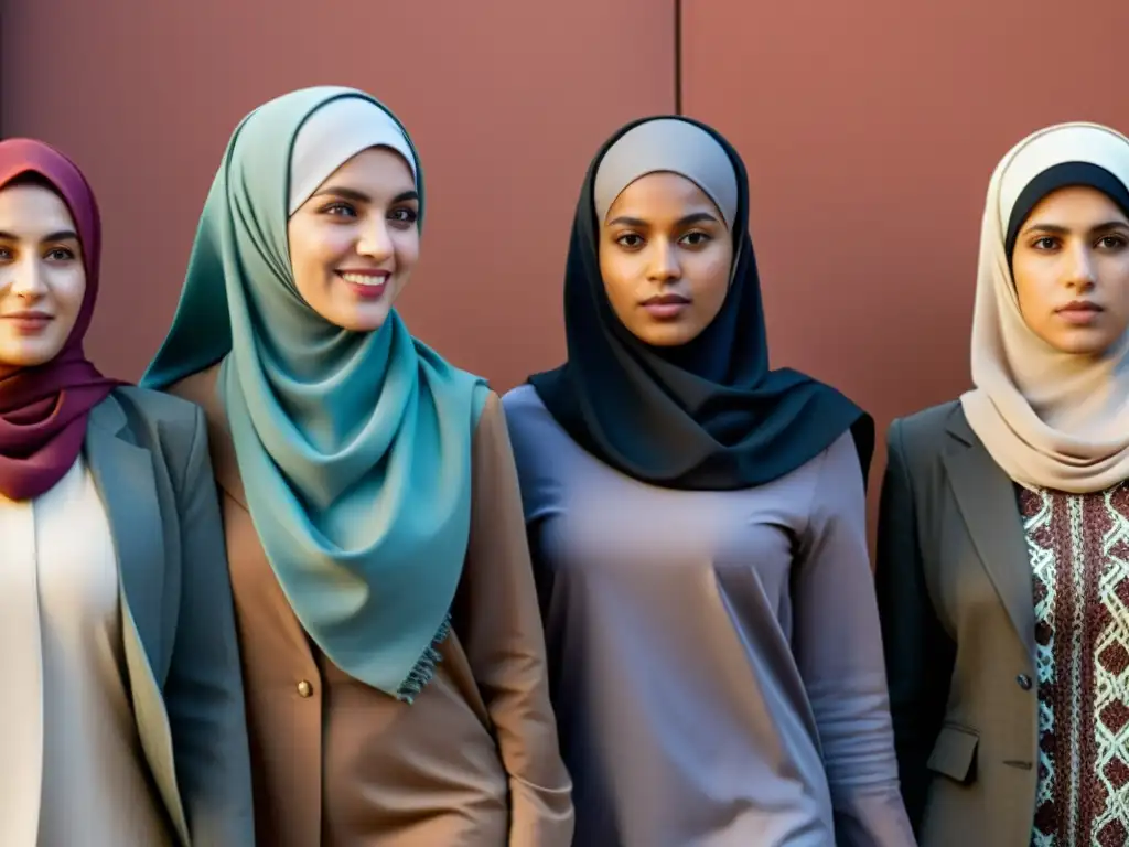 Un grupo diverso de mujeres musulmanas con hijabs y ropa moderna camina confiadamente juntas, discutiendo en un entorno que combina elementos tradicionales y contemporáneos para simbolizar la complejidad del feminismo islámico en la sociedad actual