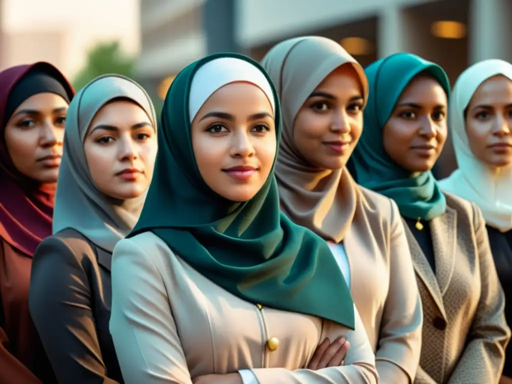 Grupo diverso de mujeres musulmanas en liderazgo femenino en el Islam, mostrando determinación y empoderamiento en un entorno urbano moderno