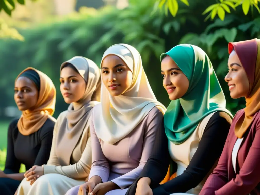 Grupo diverso de mujeres musulmanas conversando, rodeadas de naturaleza exuberante