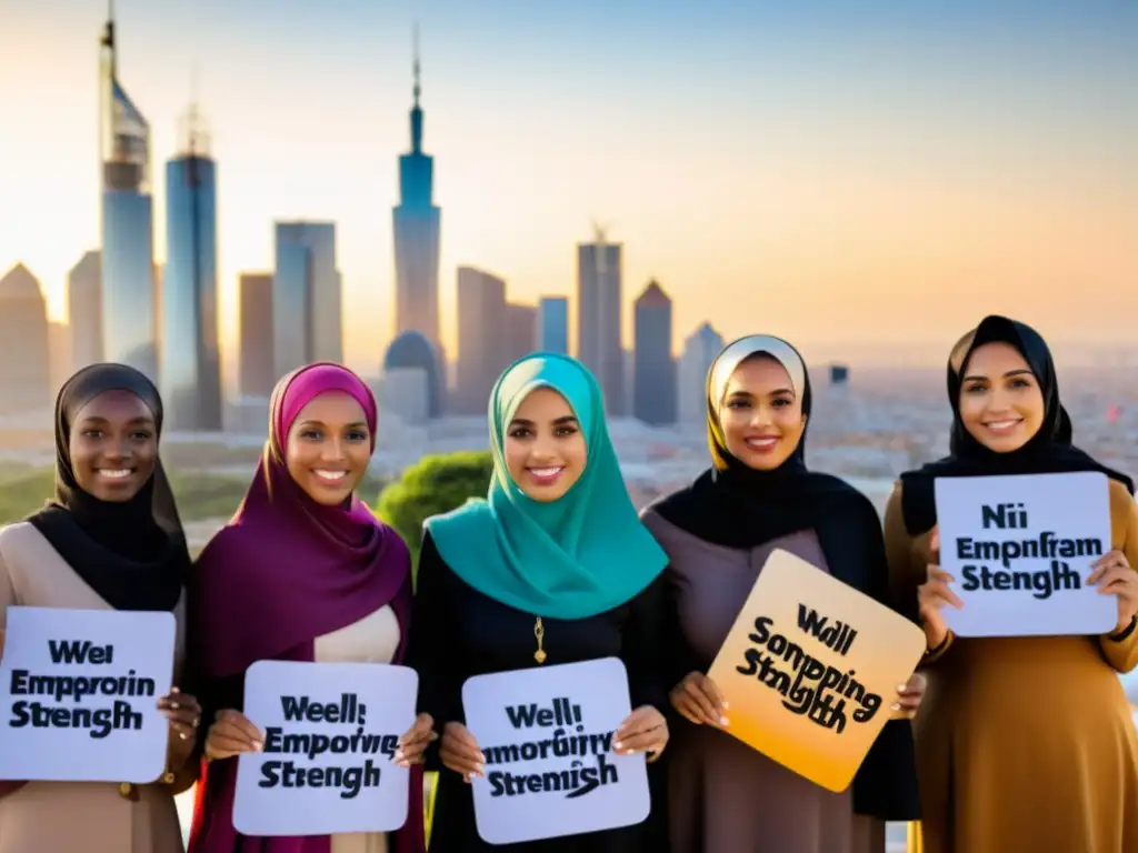 Un grupo diverso de mujeres musulmanas con hijabs coloridos y atuendos modernos, sosteniendo carteles con mensajes poderosos en árabe e inglés, frente al horizonte de una ciudad contemporánea