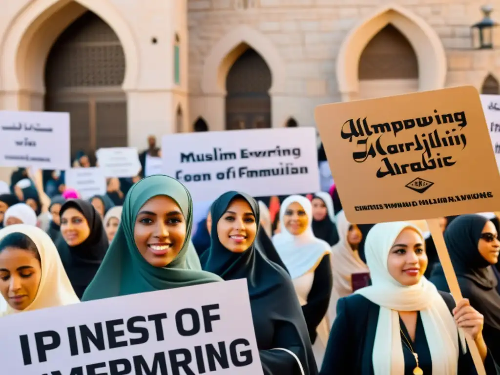 Un grupo diverso de mujeres musulmanas empoderadas marcha por una bulliciosa calle de la ciudad, sosteniendo pancartas con mensajes de empoderamiento escritos en caligrafía árabe