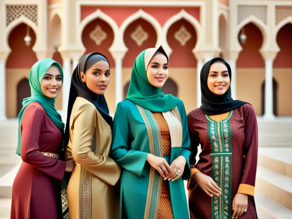 Un grupo diverso de mujeres musulmanas posa con confianza en un entorno urbano moderno, vistiendo interpretaciones elegantes de la moda tradicional islámica