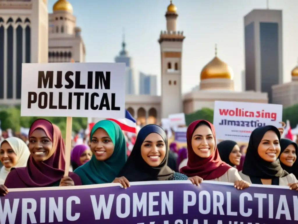 Grupo diverso de mujeres musulmanas participando en rally político, mostrando unidad y empoderamiento en la participación política mujer musulmana