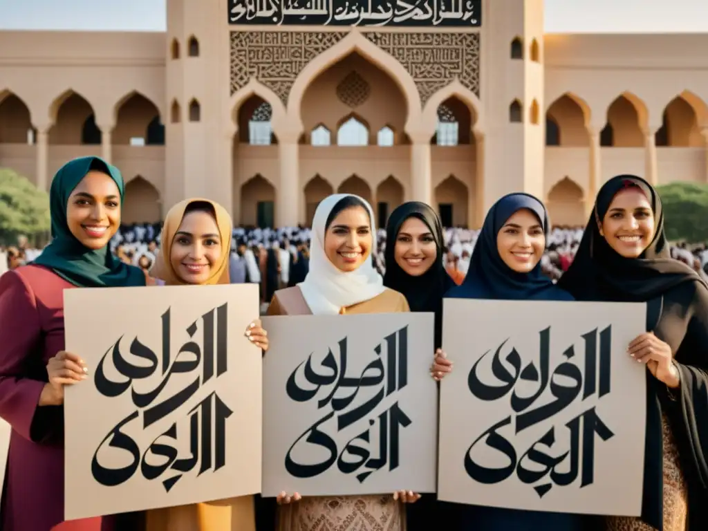 Un grupo diverso de mujeres musulmanas con atuendos tradicionales y modernos, sosteniendo pancartas con mensajes empoderadores en caligrafía árabe, frente a un edificio gubernamental