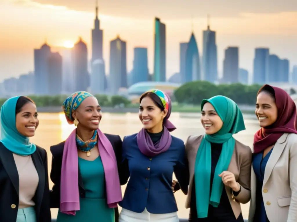 Un grupo diverso de mujeres musulmanas modernas, unidas y empoderadas, conversando animadamente frente a una ciudad dinámica