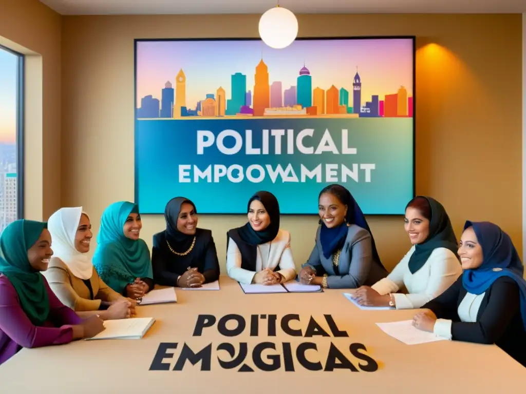 Grupo diverso de mujeres musulmanas discutiendo estrategias de participación política con determinación y fuerza, rodeadas de arte y luz natural