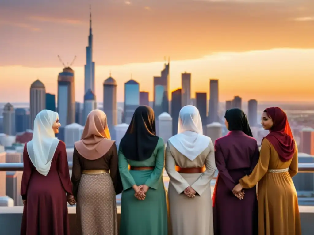 Un grupo diverso de mujeres musulmanas se unen frente a una ciudad moderna al atardecer, expresando determinación y esperanza