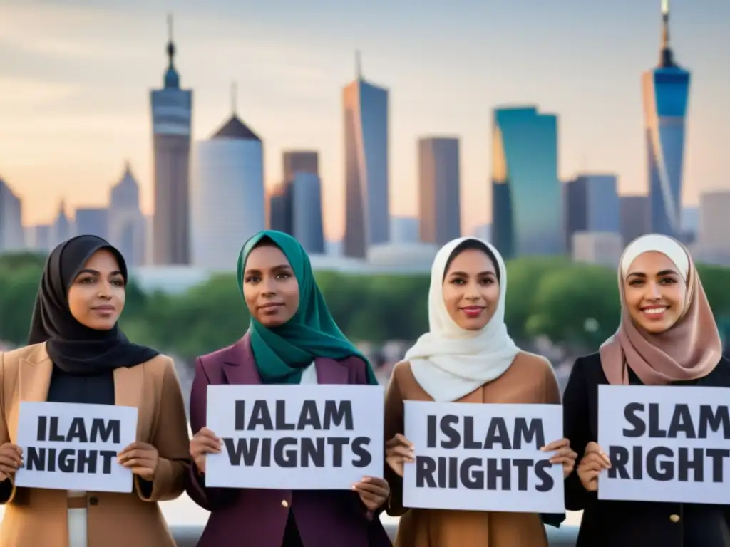 Un grupo diverso de mujeres musulmanas activistas defiende los Derechos de las mujeres en el Islam, con determinación frente al skyline de la ciudad