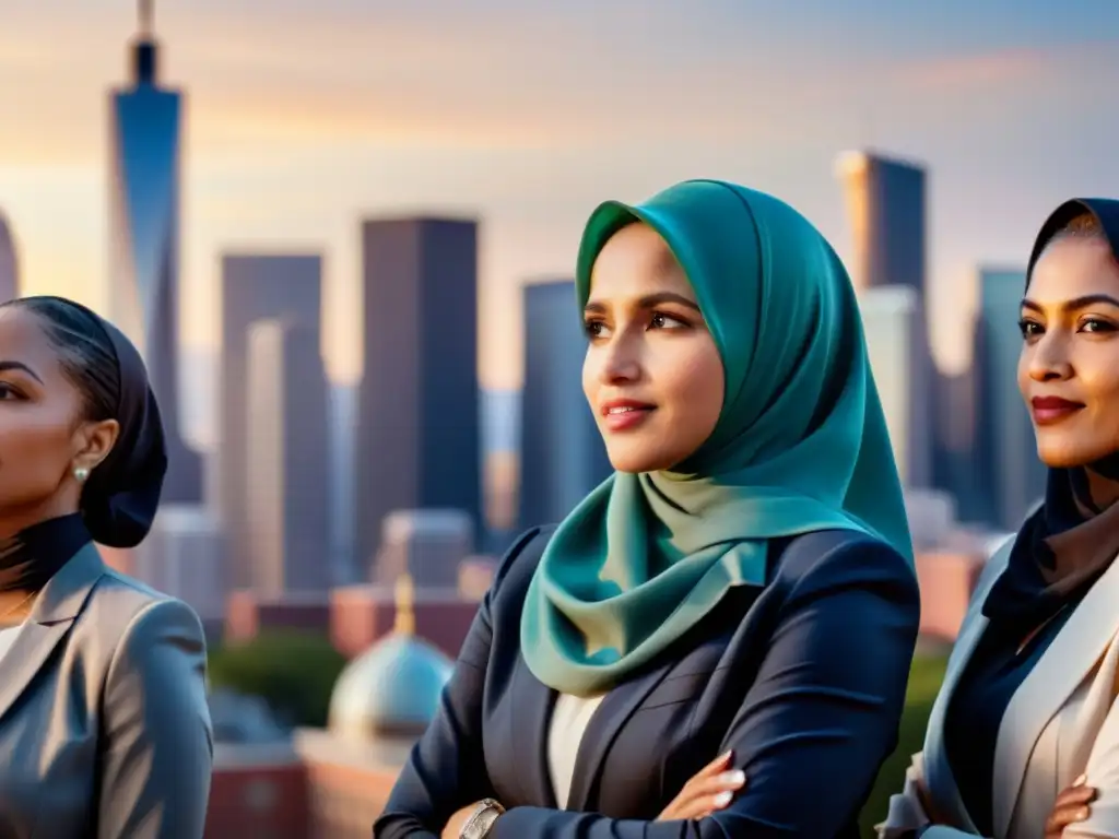 Un grupo diverso de mujeres musulmanas que cambiaron el mundo, exudando liderazgo y confianza mientras planean y hablan en una ciudad vibrante