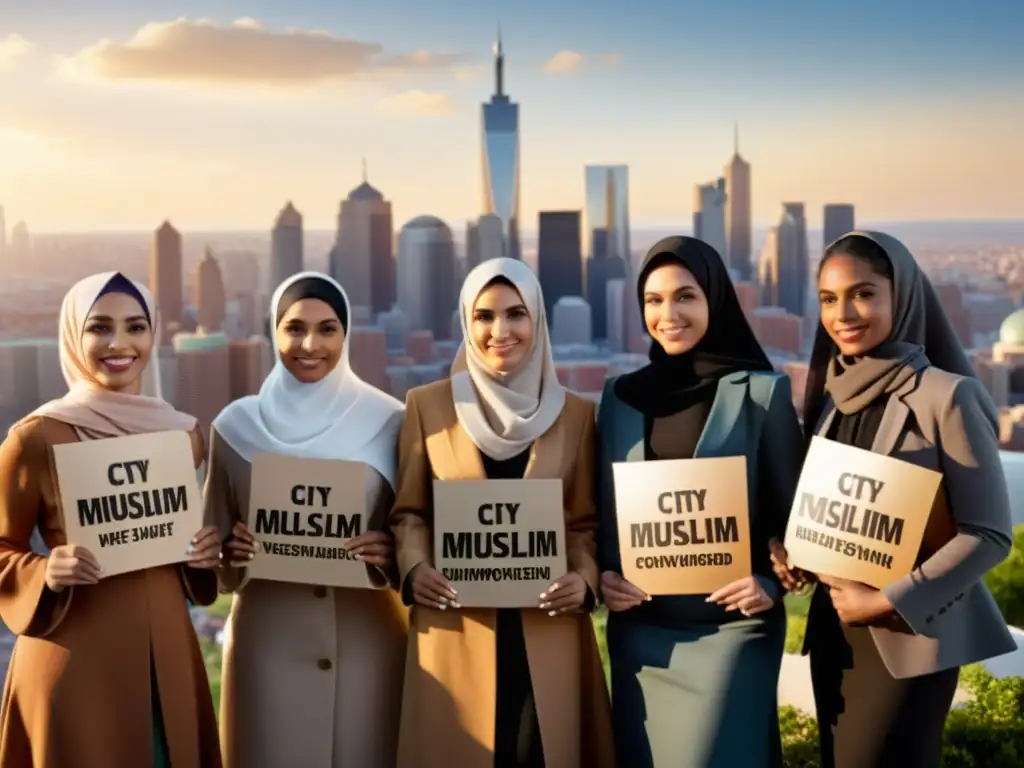 Un grupo diverso de mujeres musulmanas en ropa occidental, con letreros de empoderamiento en inglés y árabe, frente al horizonte de la ciudad