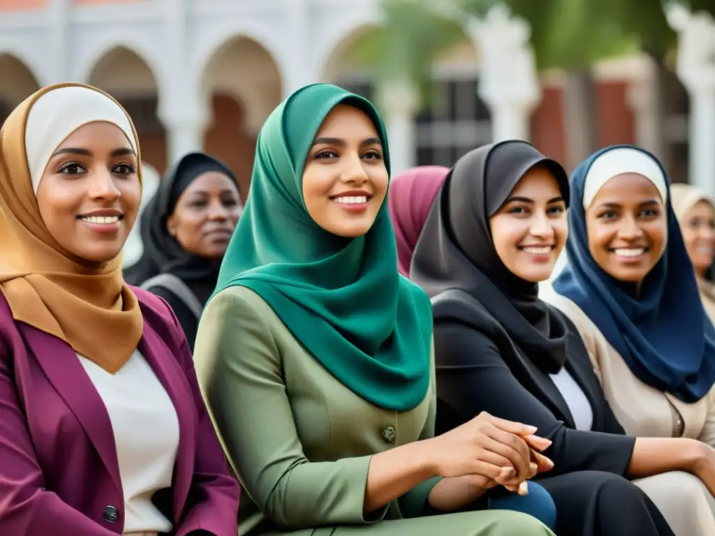 Un grupo diverso de mujeres musulmanas en entorno urbano occidental, participando en actividades políticas y de liderazgo, mostrando empoderamiento