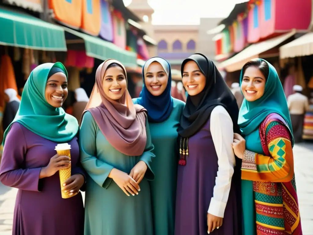 Un grupo diverso de mujeres musulmanas conversando animadamente en un bullicioso mercado, luciendo jilbabs coloridos y elegantes