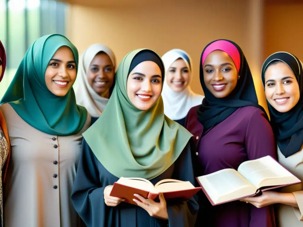 Empoderamiento: Mujeres Musulmanas en Educación y Liderazgo Grupo diverso de mujeres musulmanas participando en actividades educativas y profesionales, mostrando contribuciones históricas en el Islam