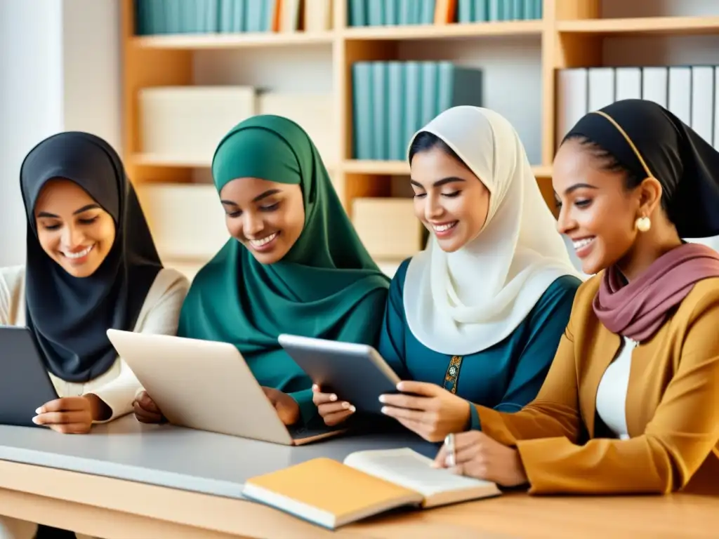 Mujeres musulmanas empoderadas en elearning Grupo diverso de mujeres musulmanas en cursos de elearning, rodeadas de libros y materiales educativos, buscando conocimiento en su fe islámica