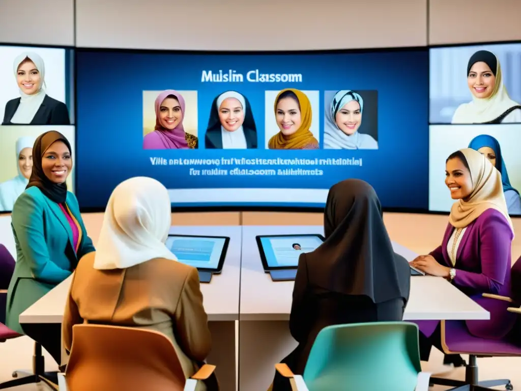 Clases virtuales: Mujeres musulmanas comparten legados Un grupo diverso de mujeres musulmanas comparte conocimientos en un aula virtual, honrando las contribuciones históricas de mujeres en el Islam