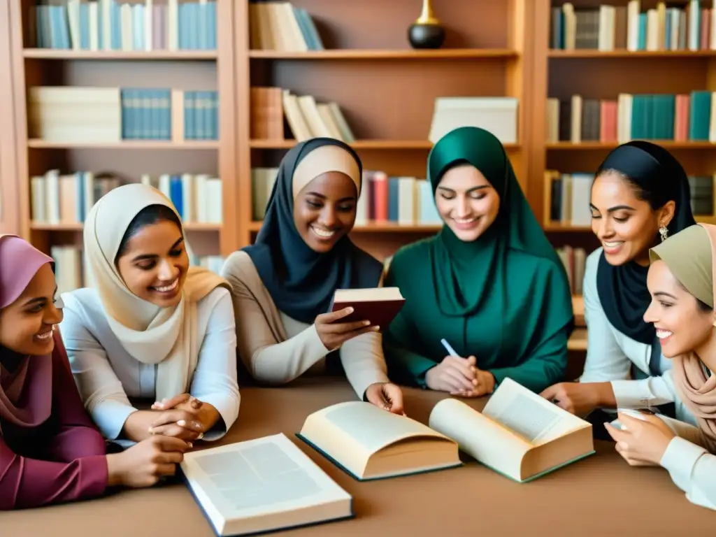 Un grupo diverso de mujeres musulmanas conversa animadamente sobre feminismo islámico, rodeadas de libros y papeles