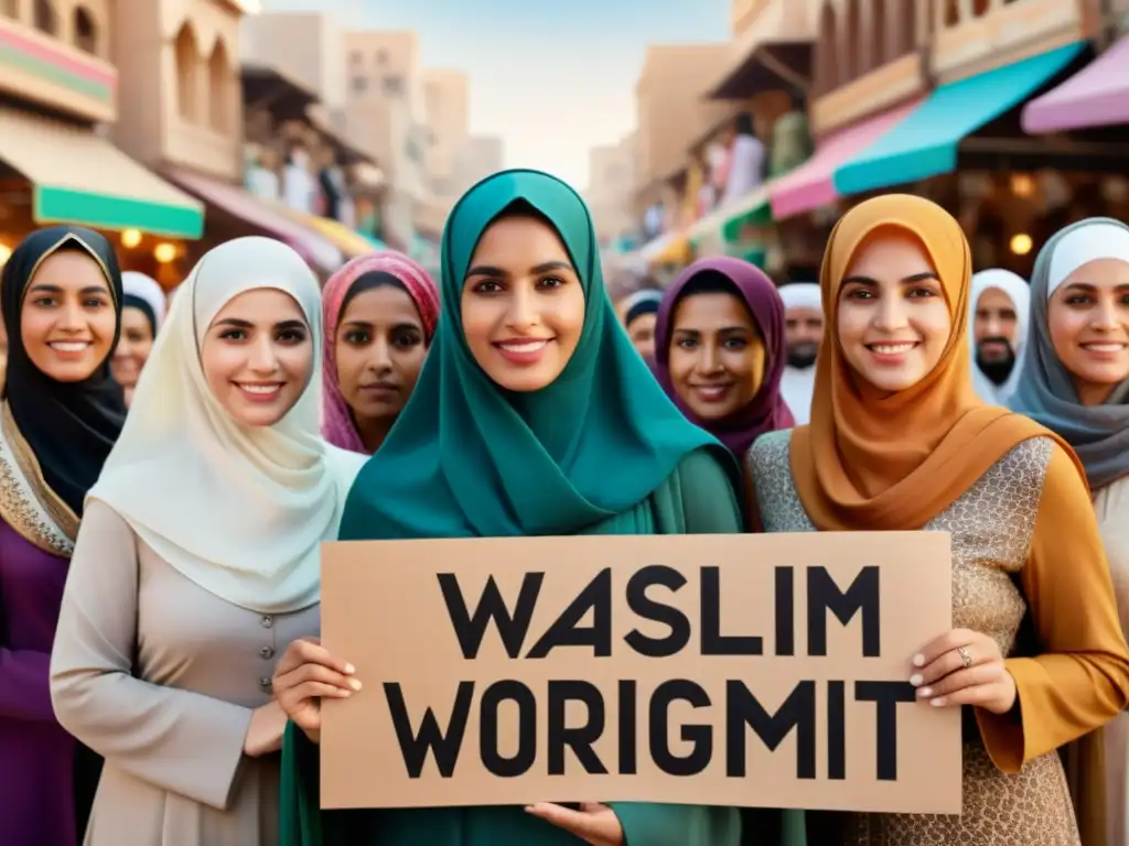 Un grupo diverso de mujeres musulmanas en un mercado bullicioso, en una protesta pacífica por los derechos de la mujer en el mundo islámico