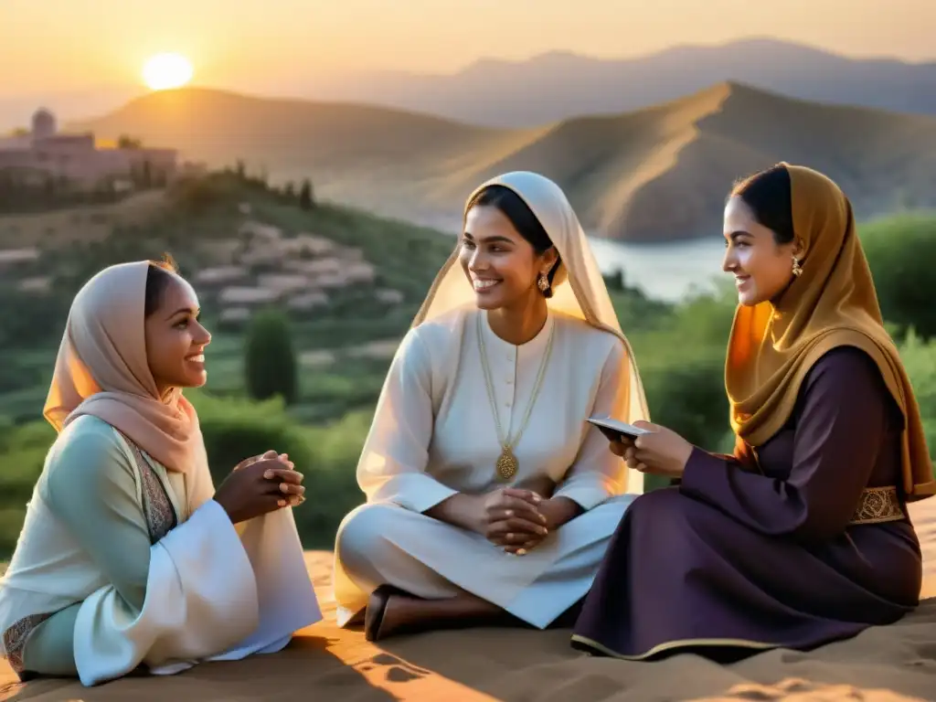 Un grupo diverso de mujeres en profunda discusión, intercambiando sabiduría islámica al atardecer