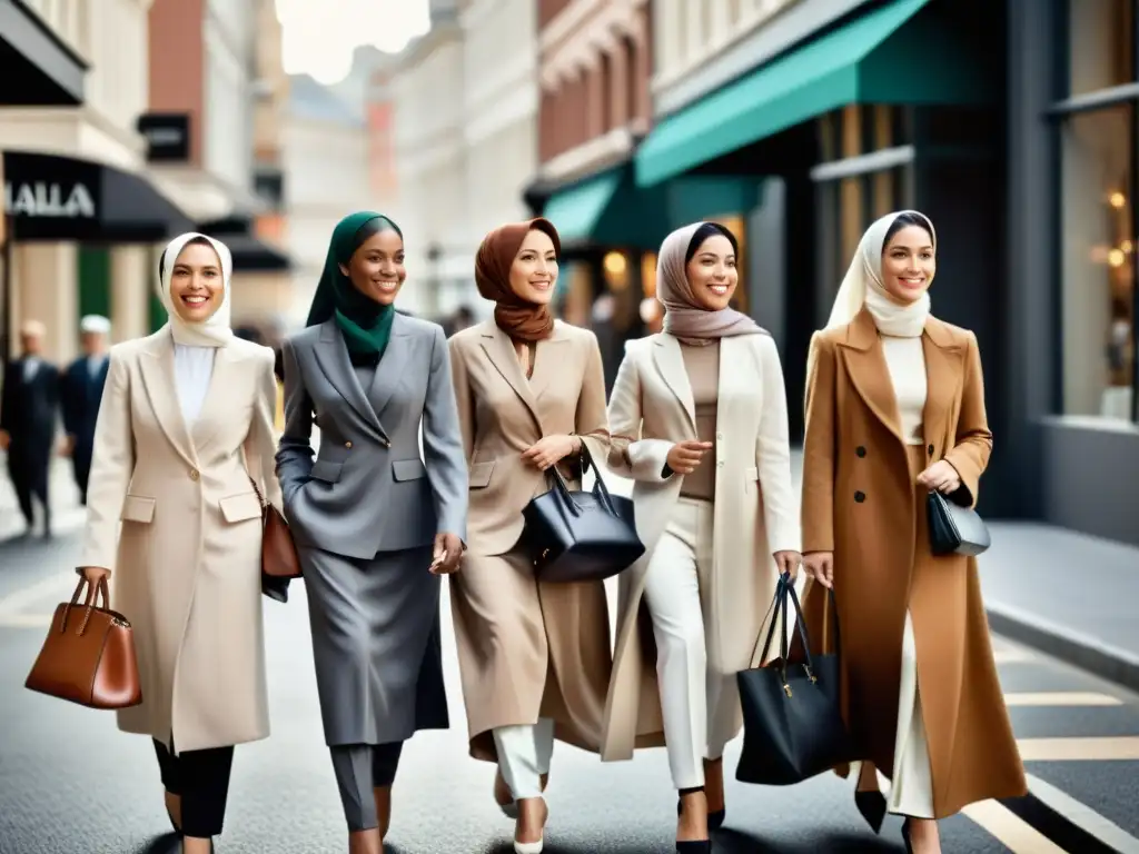 Grupo diverso de mujeres en ropa halal, paseando con estilo por la ciudad