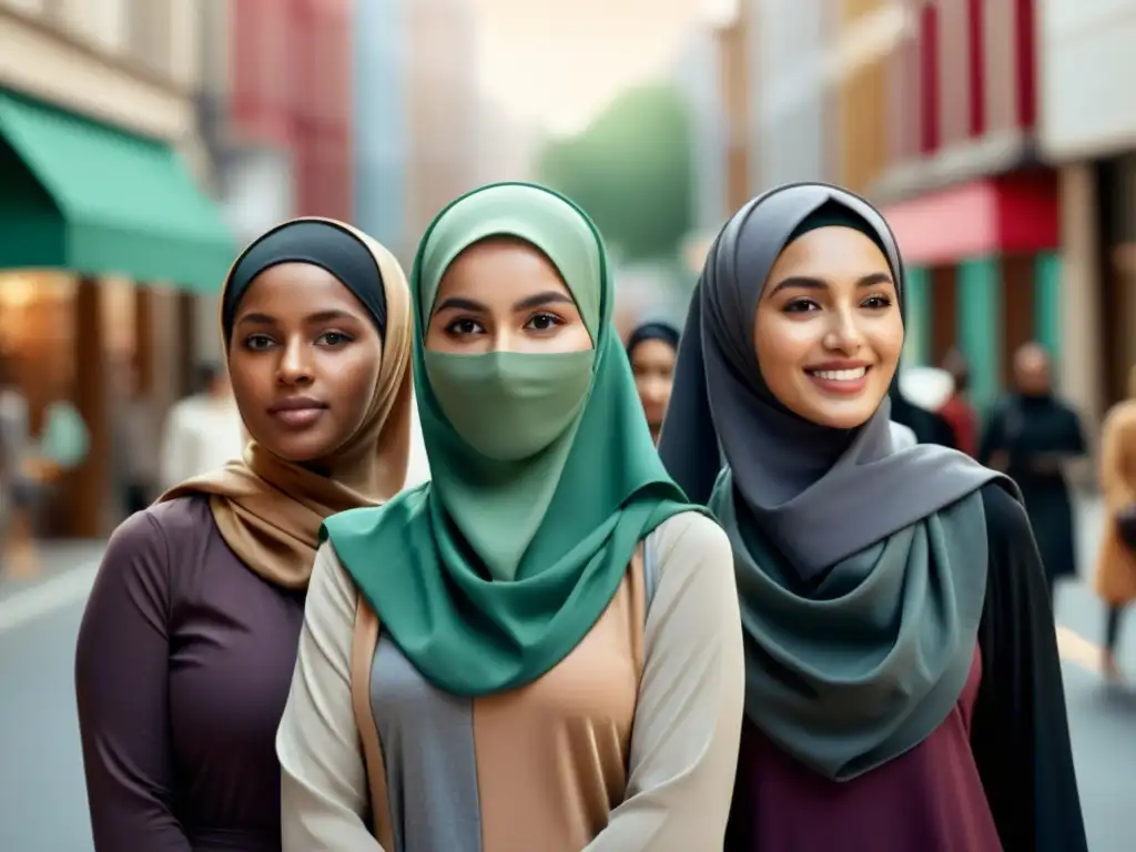 Un grupo diverso de mujeres seguras y empoderadas usando diferentes estilos de hijab en una bulliciosa calle de la ciudad