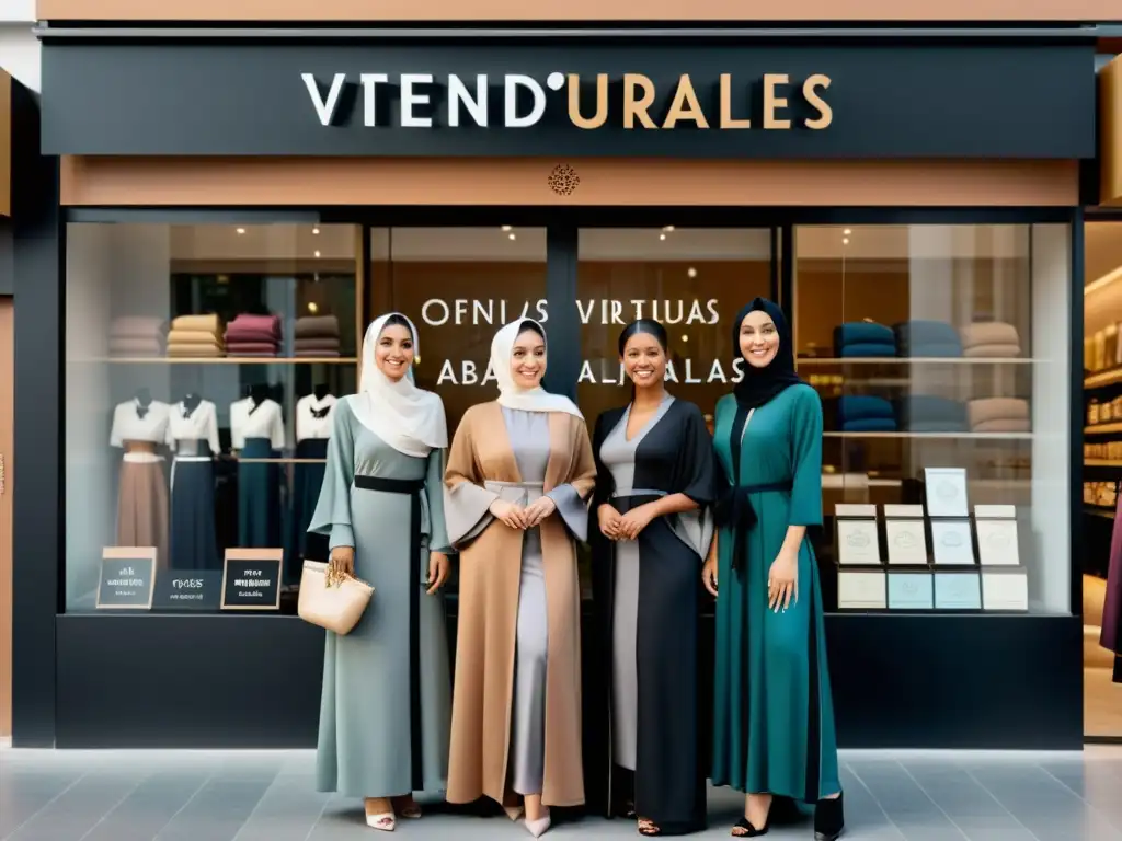 Grupo diverso de mujeres con abayas en tienda virtual de moda islámica