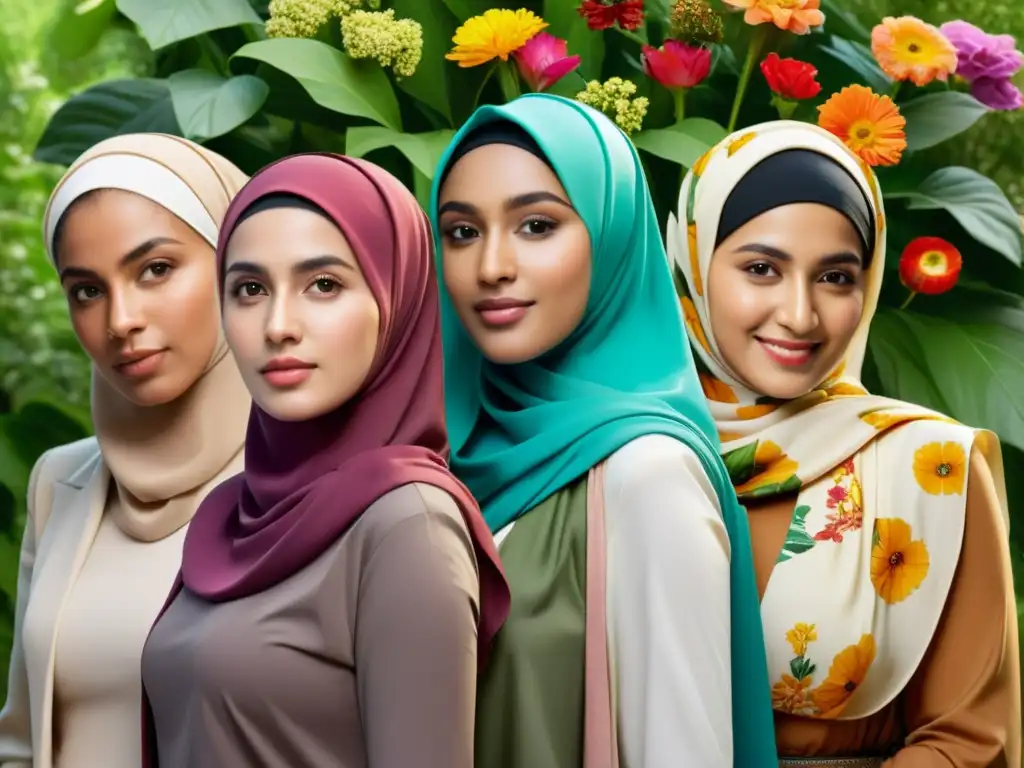 Grupo diverso de mujeres con variados estilos de hijab en entorno natural