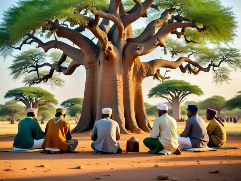 Un grupo diverso de musulmanes africanos rezando y estudiando bajo un baobab, evocando el futuro del Islam en África