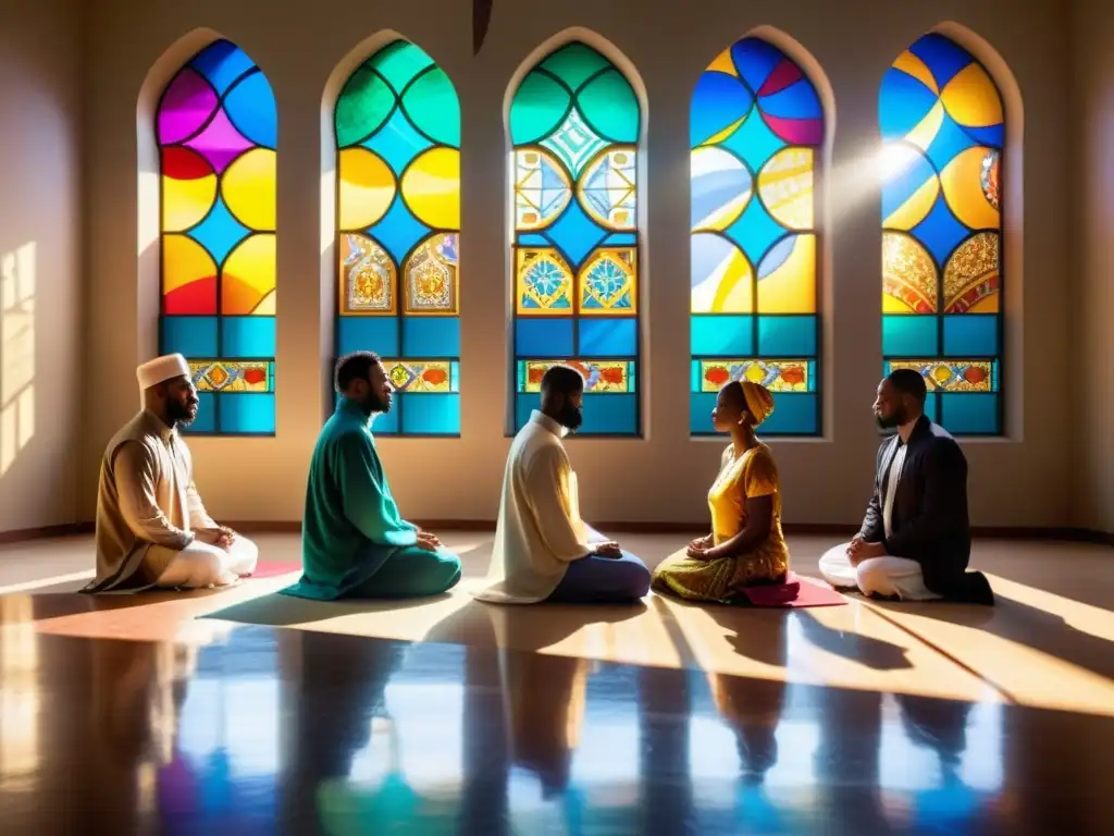 Un grupo diverso de musulmanes afroamericanos rezando juntos en una mezquita vibrante