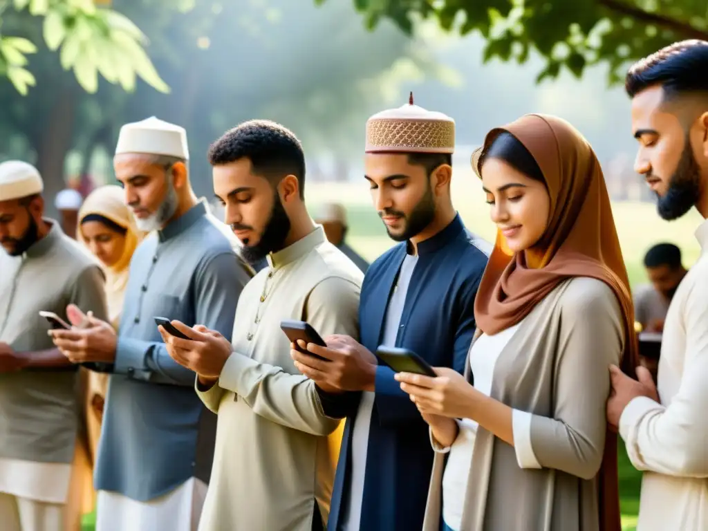 Un grupo diverso de musulmanes utiliza una aplicación de oración en sus teléfonos en un entorno tranquilo al aire libre