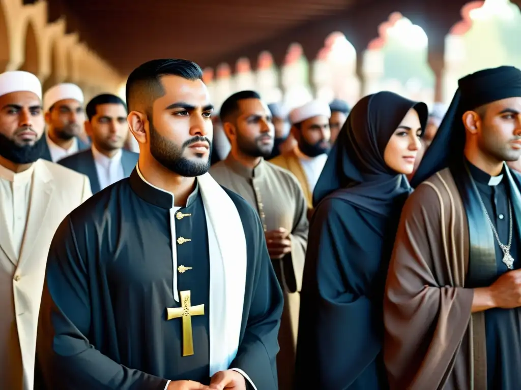 Un grupo diverso de musulmanes observando Ashura en la historia islámica, con expresiones solemnes y vestimenta tradicional, en un entorno emotivo