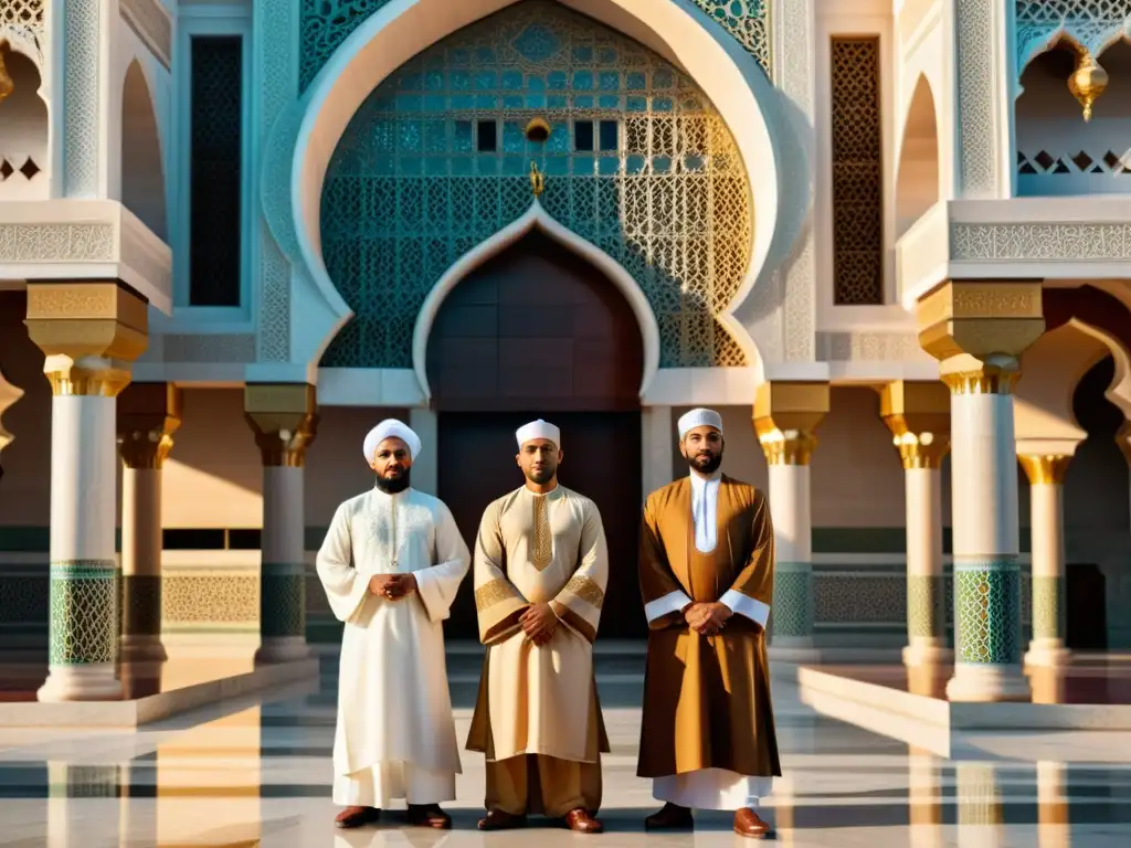 Un grupo diverso de musulmanes en atuendos tradicionales frente a una majestuosa mezquita en Canadá