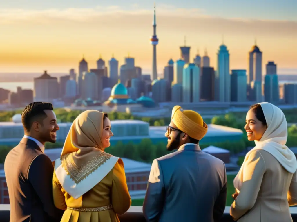 Un grupo diverso de musulmanes en atuendos tradicionales se reúne frente al moderno horizonte de una ciudad canadiense