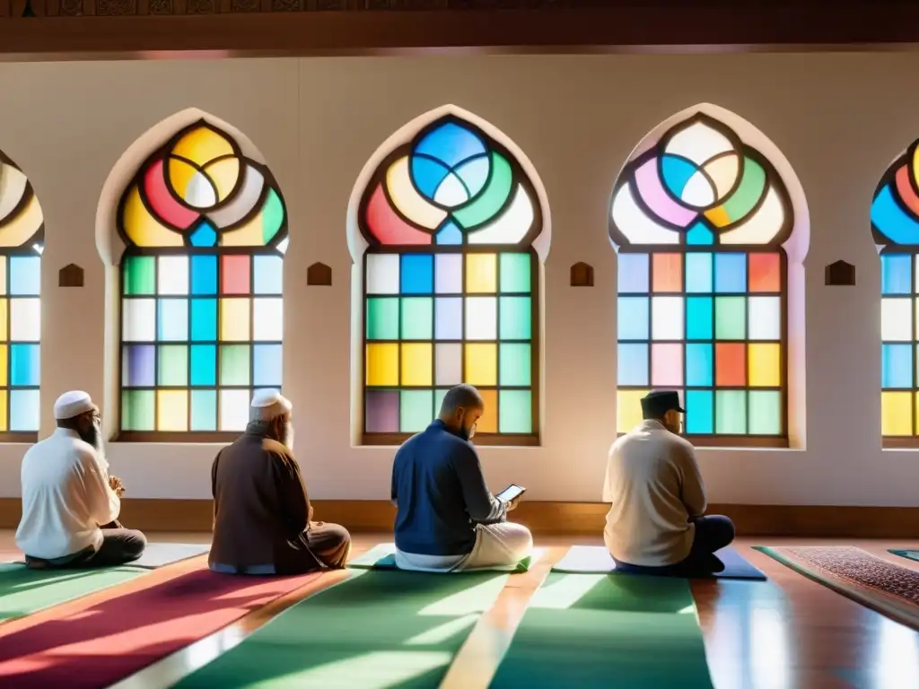 Grupo diverso de musulmanes usando Funcionalidades únicas Apps oración musulmana en mezquita con luz natural y atmósfera serena