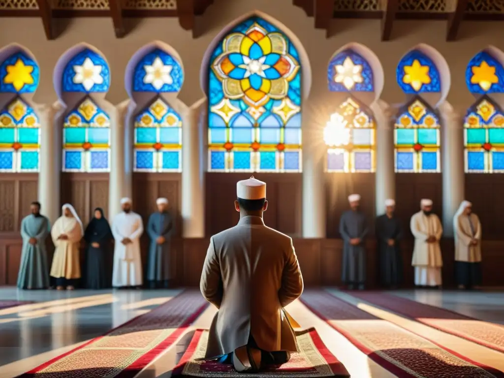 Un grupo diverso de musulmanes se reúne para orar en una hermosa mezquita, irradiando paz y devoción