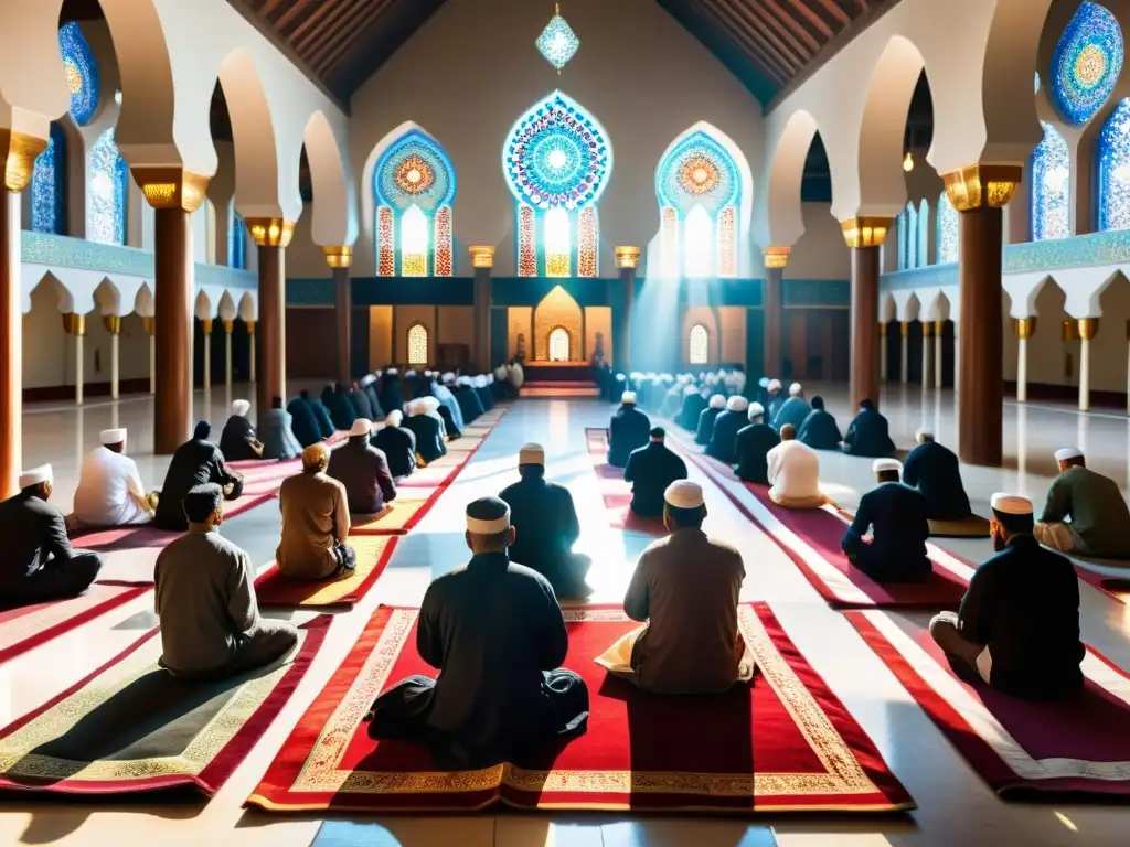 Un grupo diverso de musulmanes participa en los rituales y oraciones del Día de Ashura en una mezquita, con una atmósfera serena y significativa