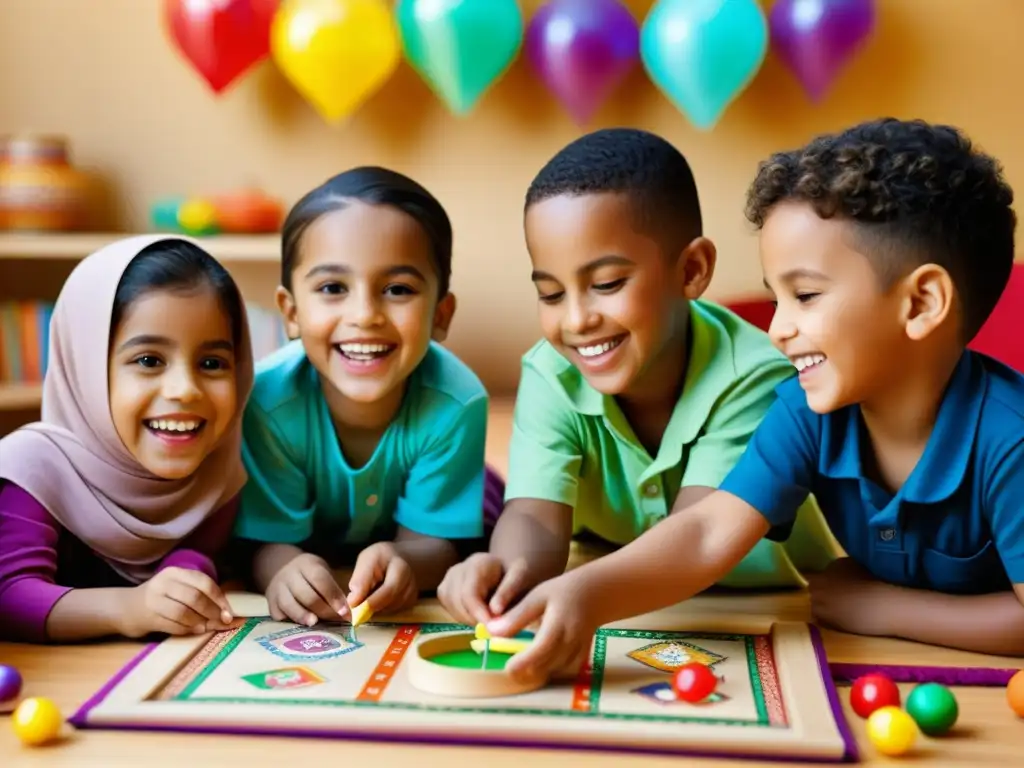 Grupo diverso de niños participando en actividades de aprendizaje interactivo sobre tradiciones islámicas, fiestas y artesanías