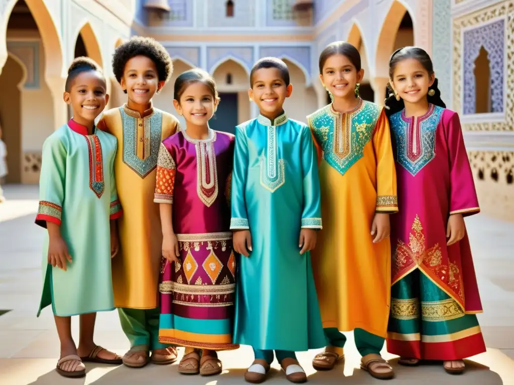 Un grupo diverso de niños viste colorida ropa islámica en un patio soleado con patrones de mosaico