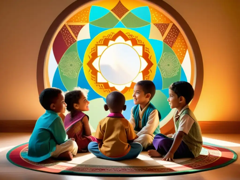 Un grupo diverso de niños escucha atentamente cuentos del Islam en un ambiente culturalmente enriquecedor