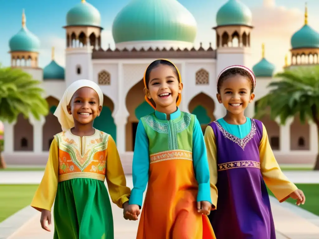 Grupo diverso de niños felices vistiendo colorida ropa islámica, jugando al aire libre con una hermosa mezquita de fondo