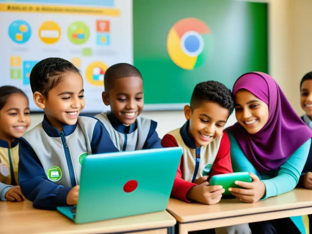 Grupo diverso de niños musulmanes participando alegremente en plataformas de elearning para Islam en un aula moderna y bien iluminada