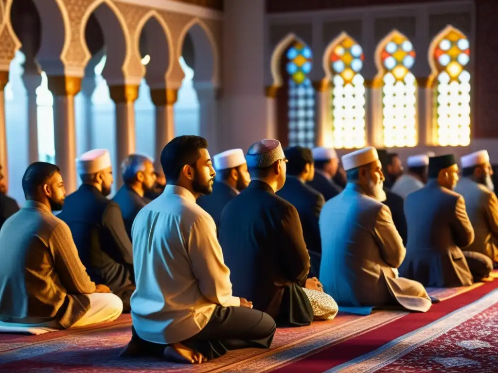 Grupo diverso en oración durante Ashura en historia islámica, en mezquita iluminada por velas, ambiente sereno y reflexivo