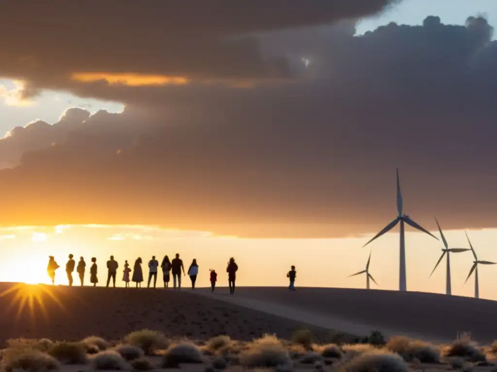 Un grupo diverso se une en un paisaje árido al atardecer, con energía sostenible