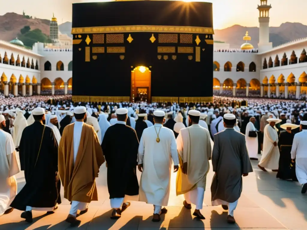 Un grupo diverso de peregrinos vestidos con trajes tradicionales camina hacia la Kaaba en La Meca al atardecer