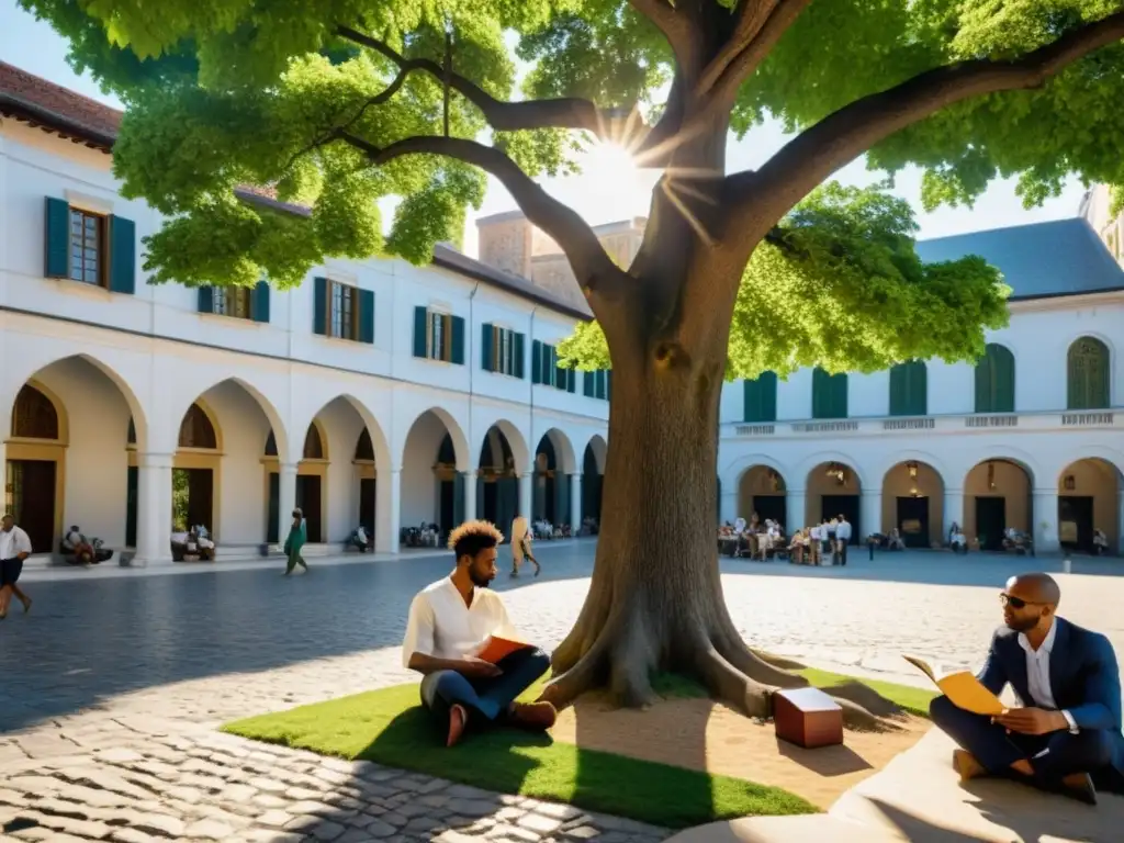 Un grupo diverso de personas se reúne bajo un árbol, conversando y leyendo libros en una plaza urbana