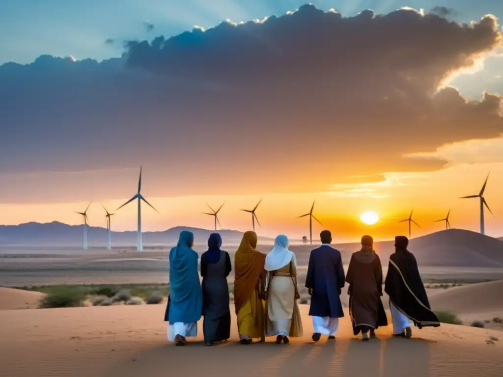 Un grupo diverso de personas con atuendos islámicos en un paisaje árido al atardecer